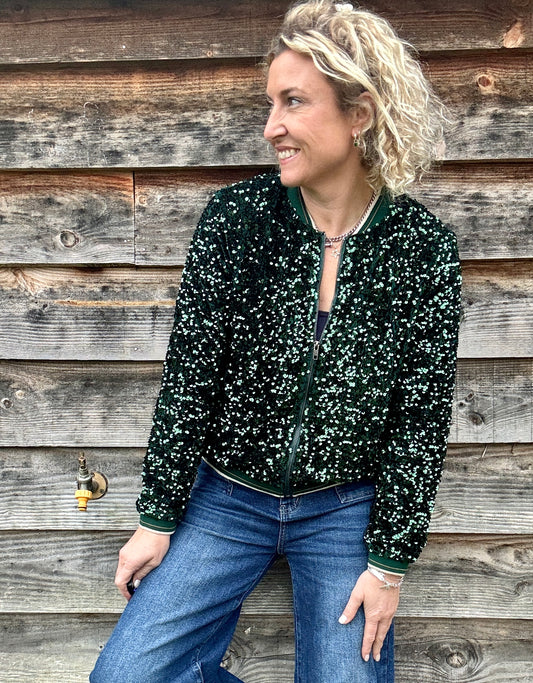 Sienna Sequin Bomber Jacket | Emerald