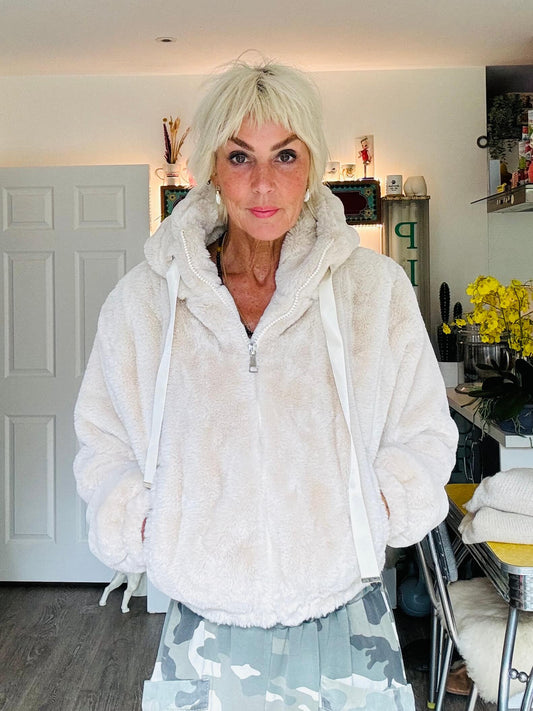 Faux Fur Hooded Bomber | Beige