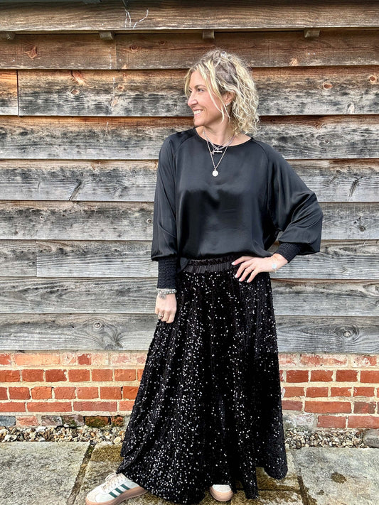 Lopez Velvet Sequin Maxi Skirt | Black