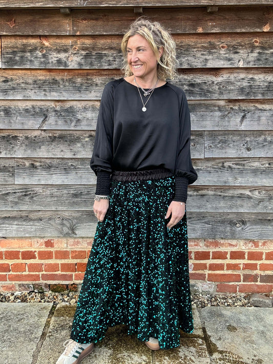 Lopez Velvet Sequin Maxi Skirt | Peacock Green