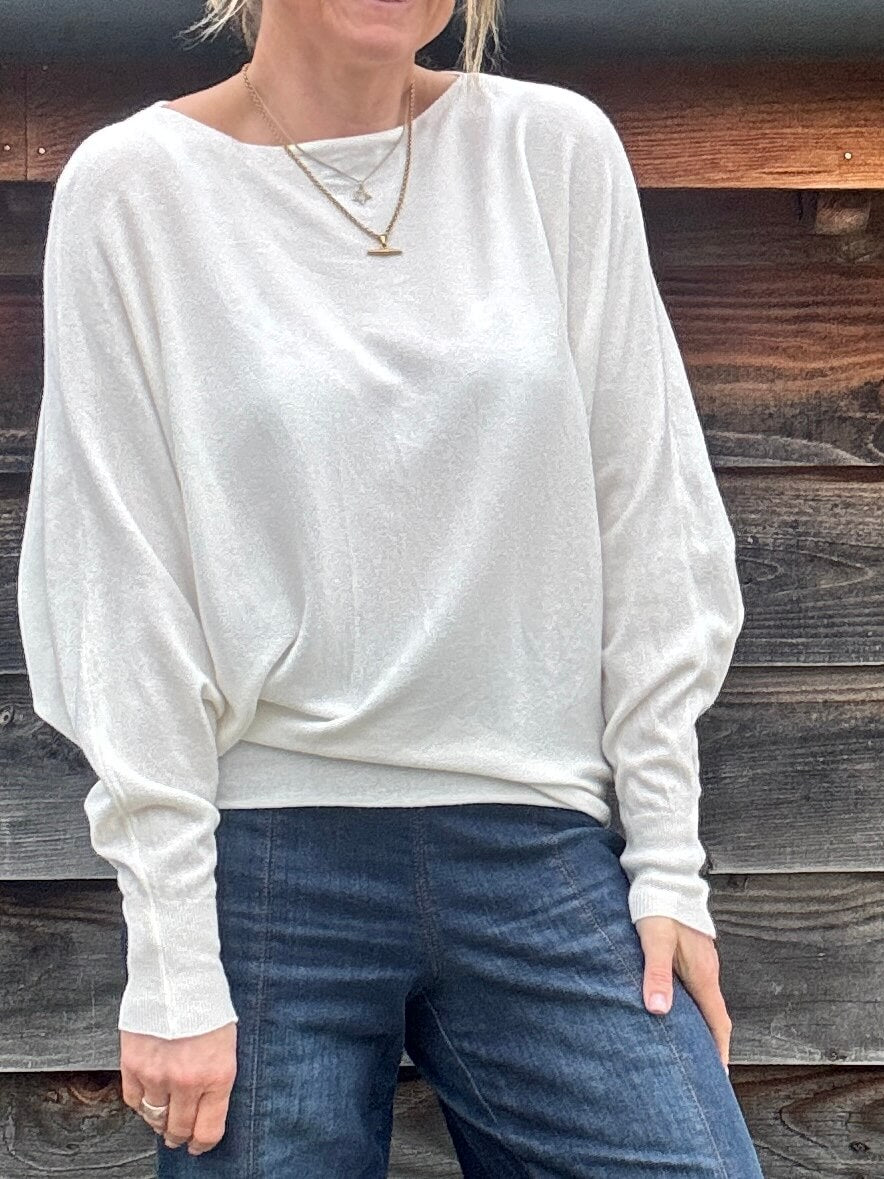 Batwing Pearl Back Sweater | White