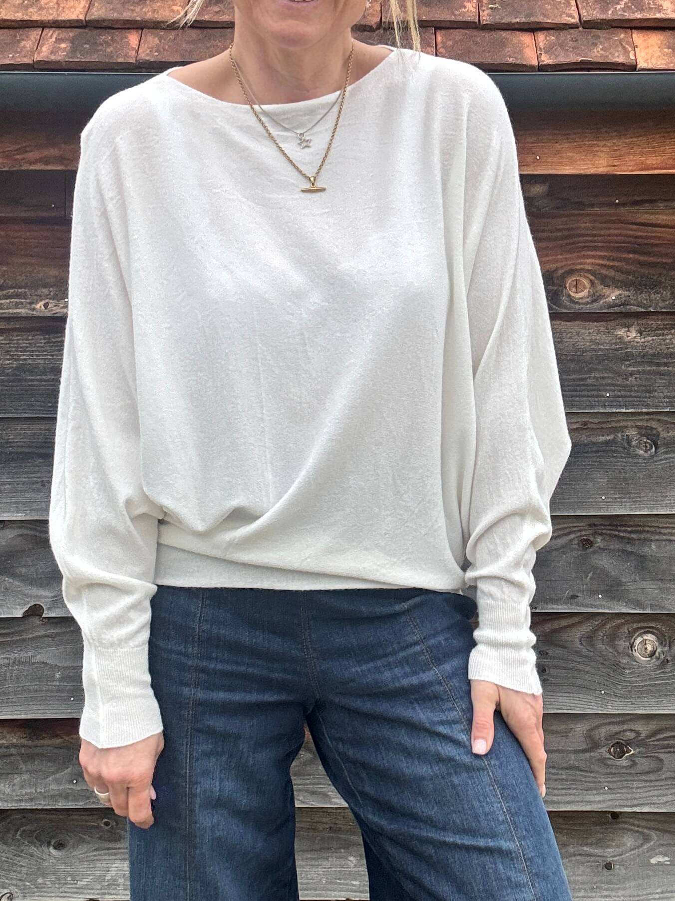 Batwing Pearl Back Sweater | White