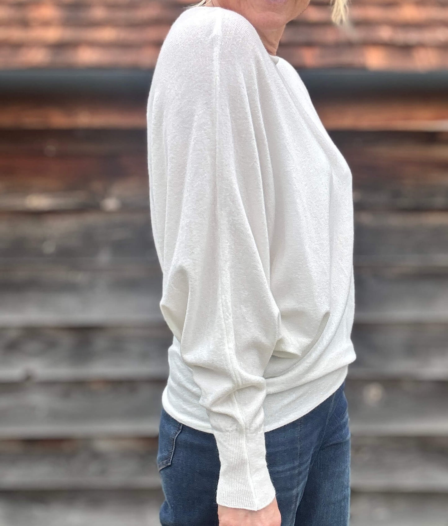 Batwing Pearl Back Sweater | White