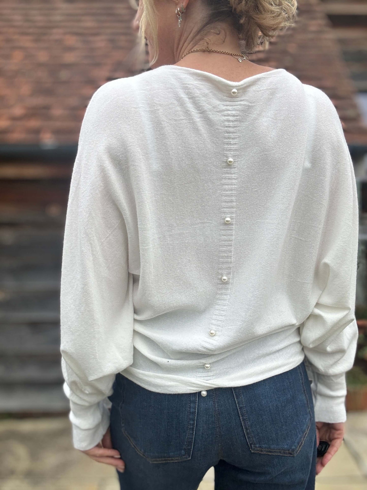 Batwing Pearl Back Sweater | White