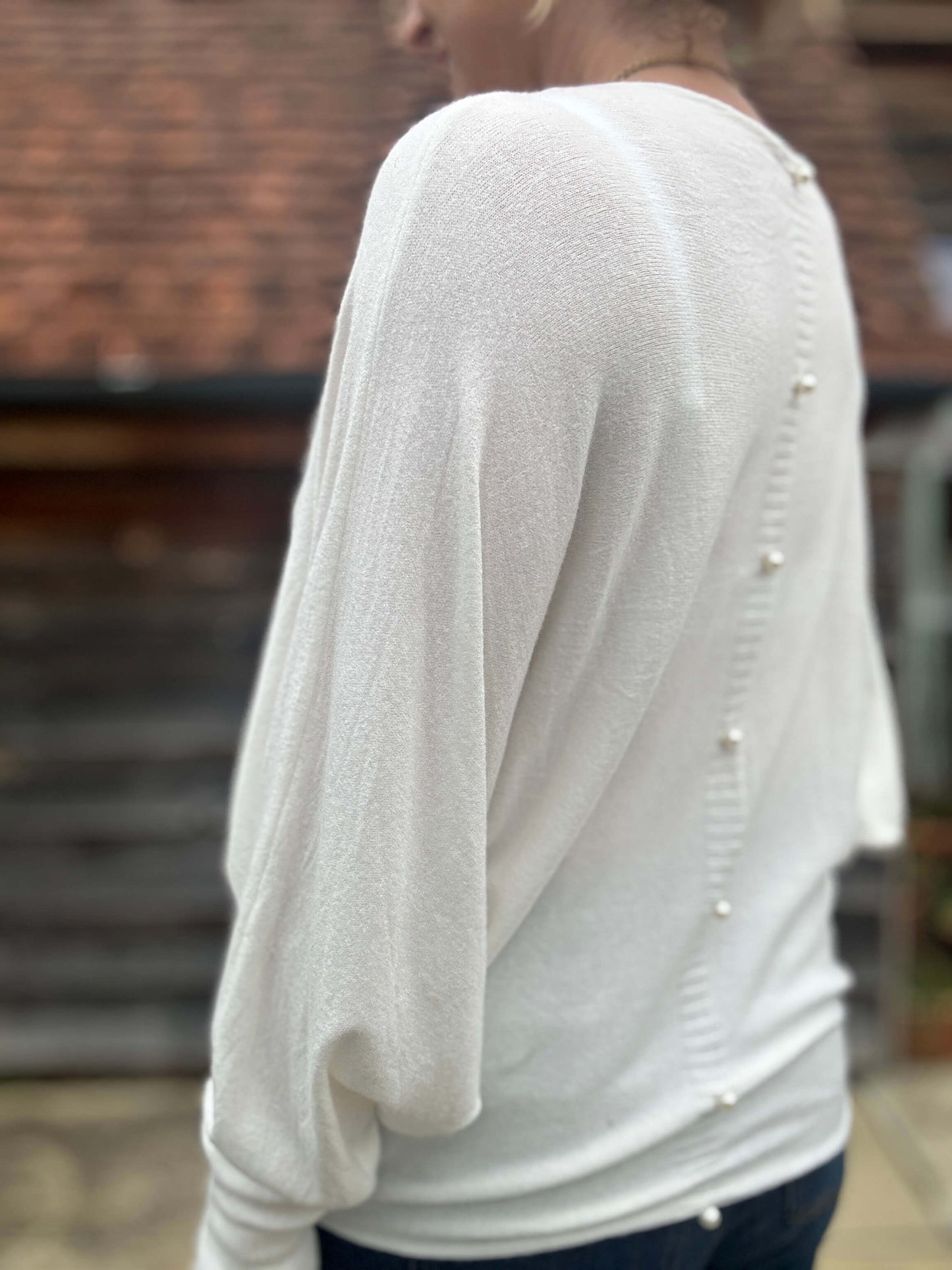 Batwing Pearl Back Sweater | White