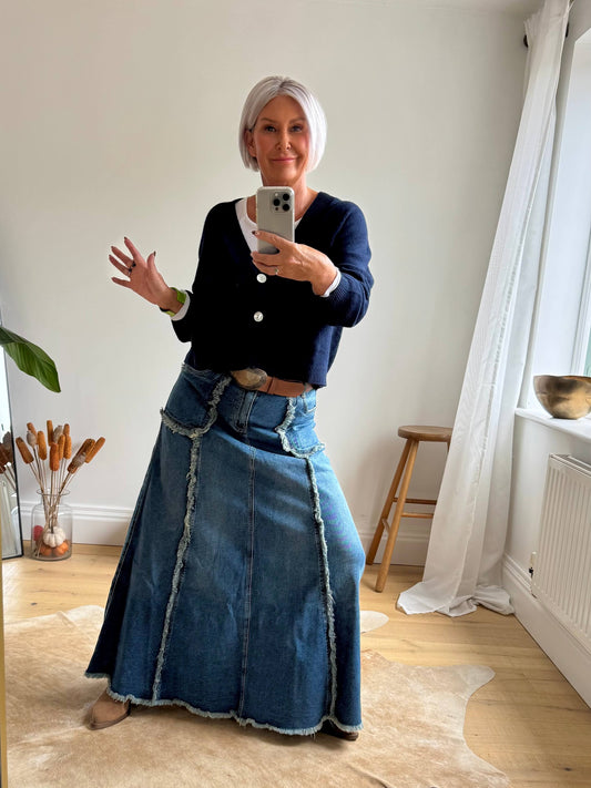 The Detroit Flared Denim Maxi Skirt