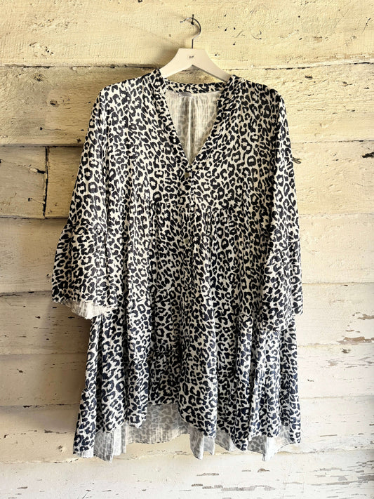 Navy & White Leopard Cheesecloth Dress