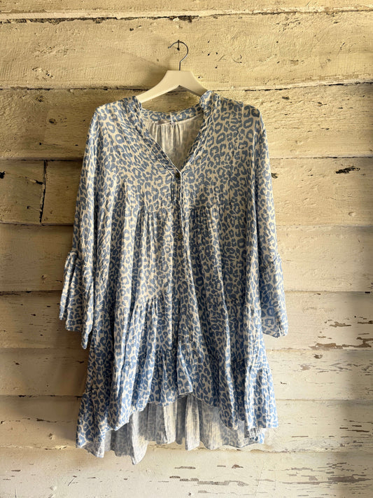 Blue & White Leopard Cheesecloth Dress