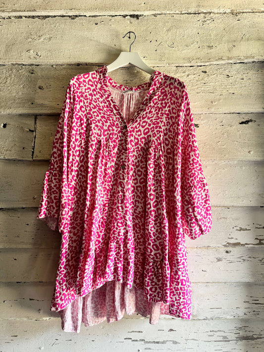 Pink & White Leopard Cheesecloth Dress