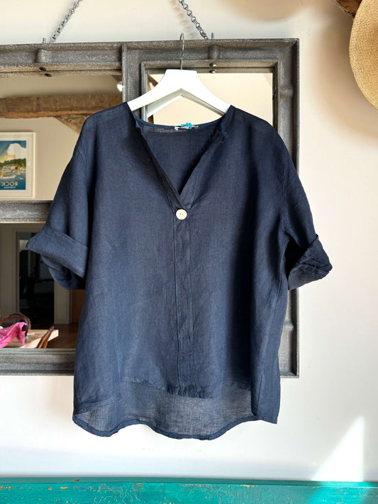 Navy Linen Pop Over Shirt