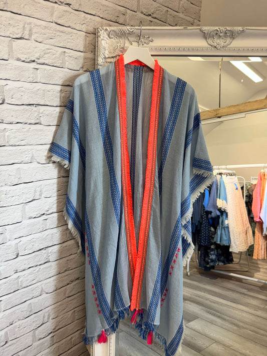 Blue Stripe with Neon Coral Trim Kaftan