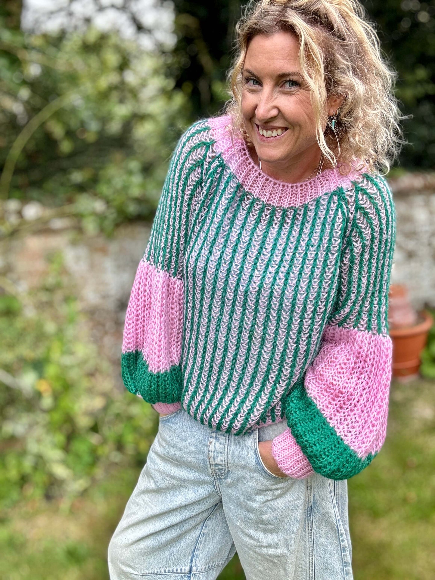 Liana Knit Sweater | Green & Bubblegum