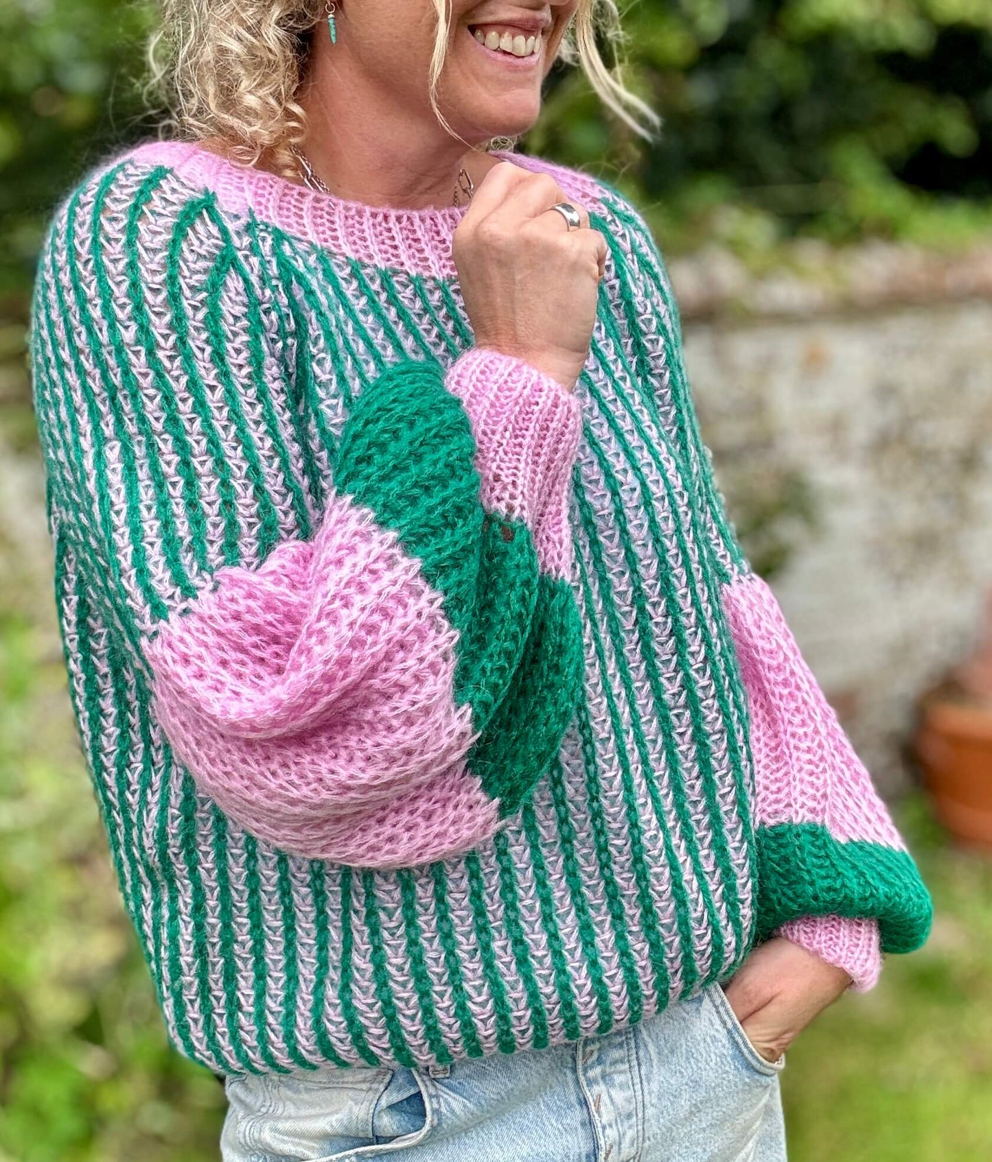 Liana Knit Sweater | Green & Bubblegum