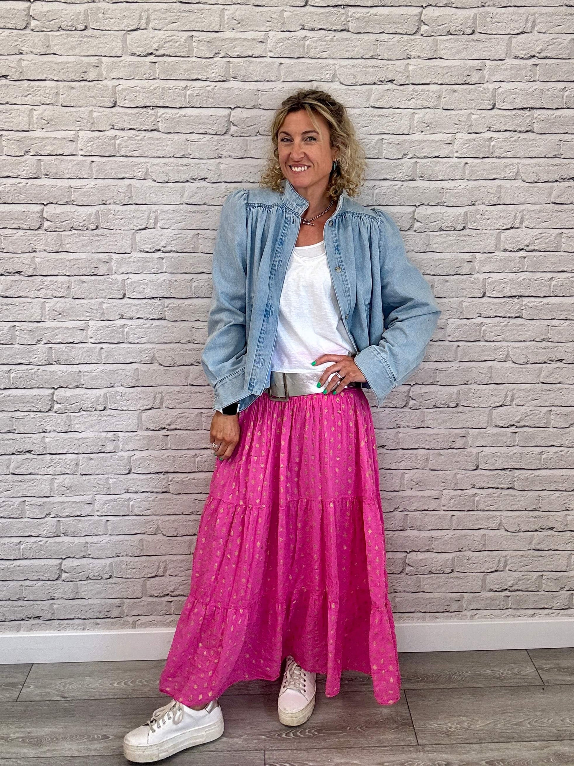 Denim Maxi Pink Denim Skirt And Jacket Boohoo ME