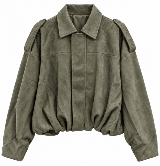 Suede Bubble Hem Bomber |  Khaki