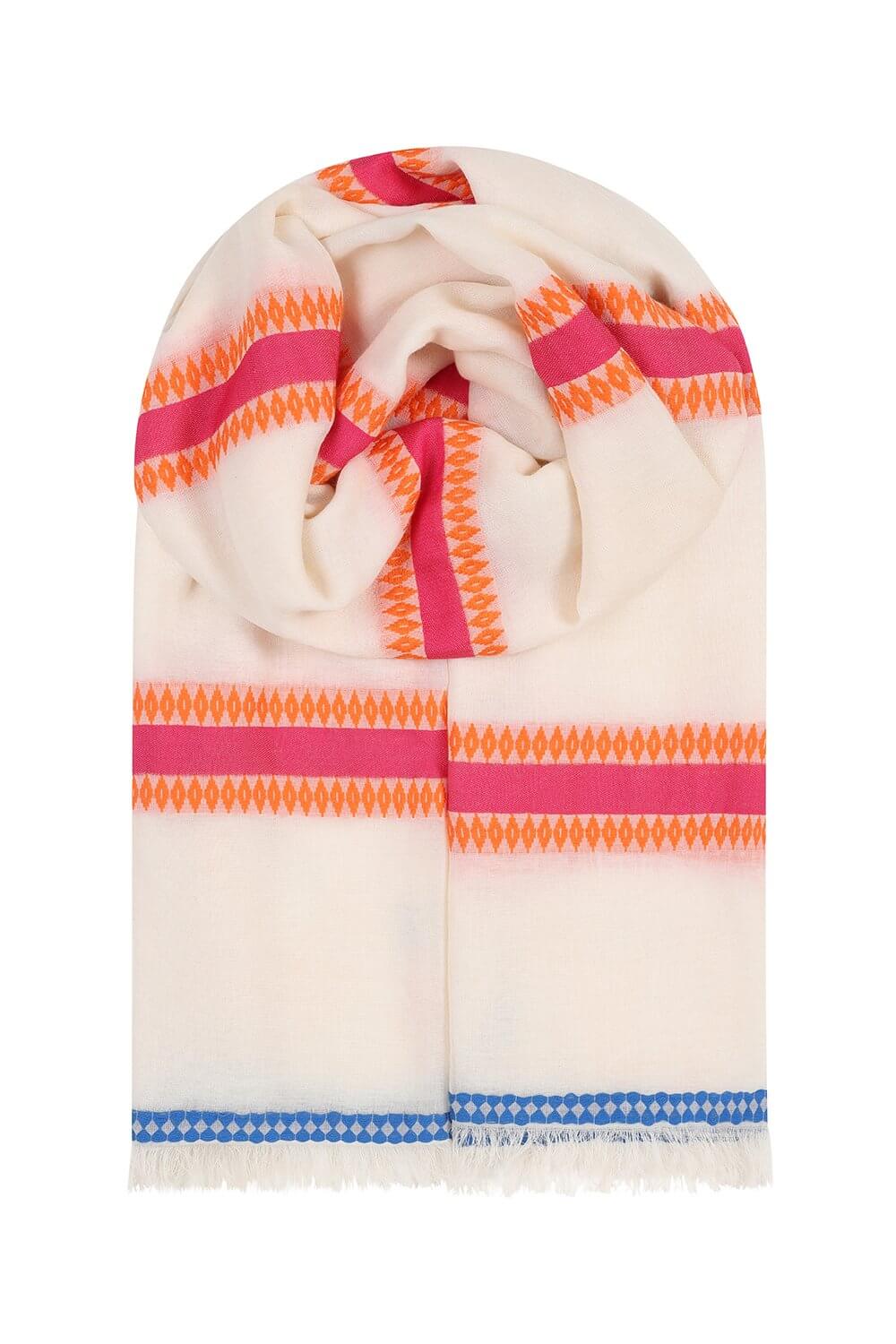 Cream Scarf with Orange, Pink & Blue Stripes