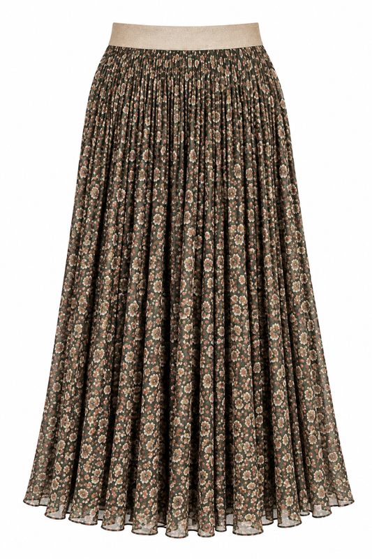Ditsy Pleated Midi Skirt | Khaki