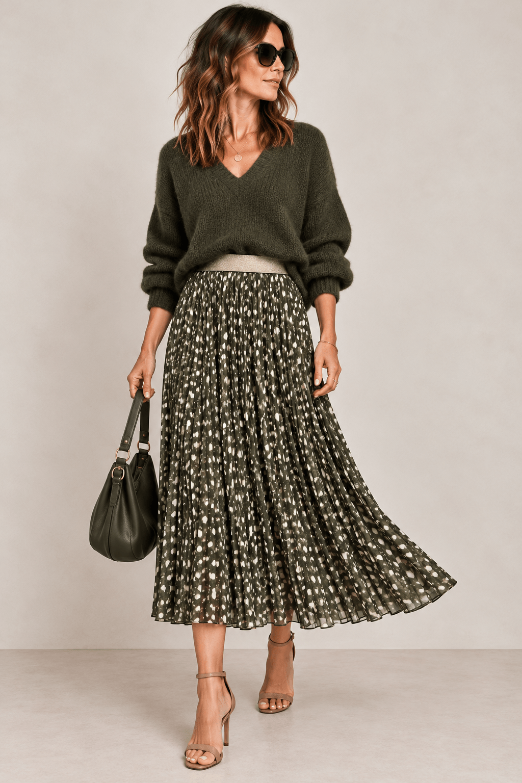Hetty Pleated Midi Skirt | Khaki