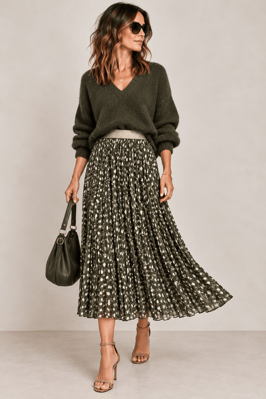 Hetty Pleated Midi Skirt | Khaki