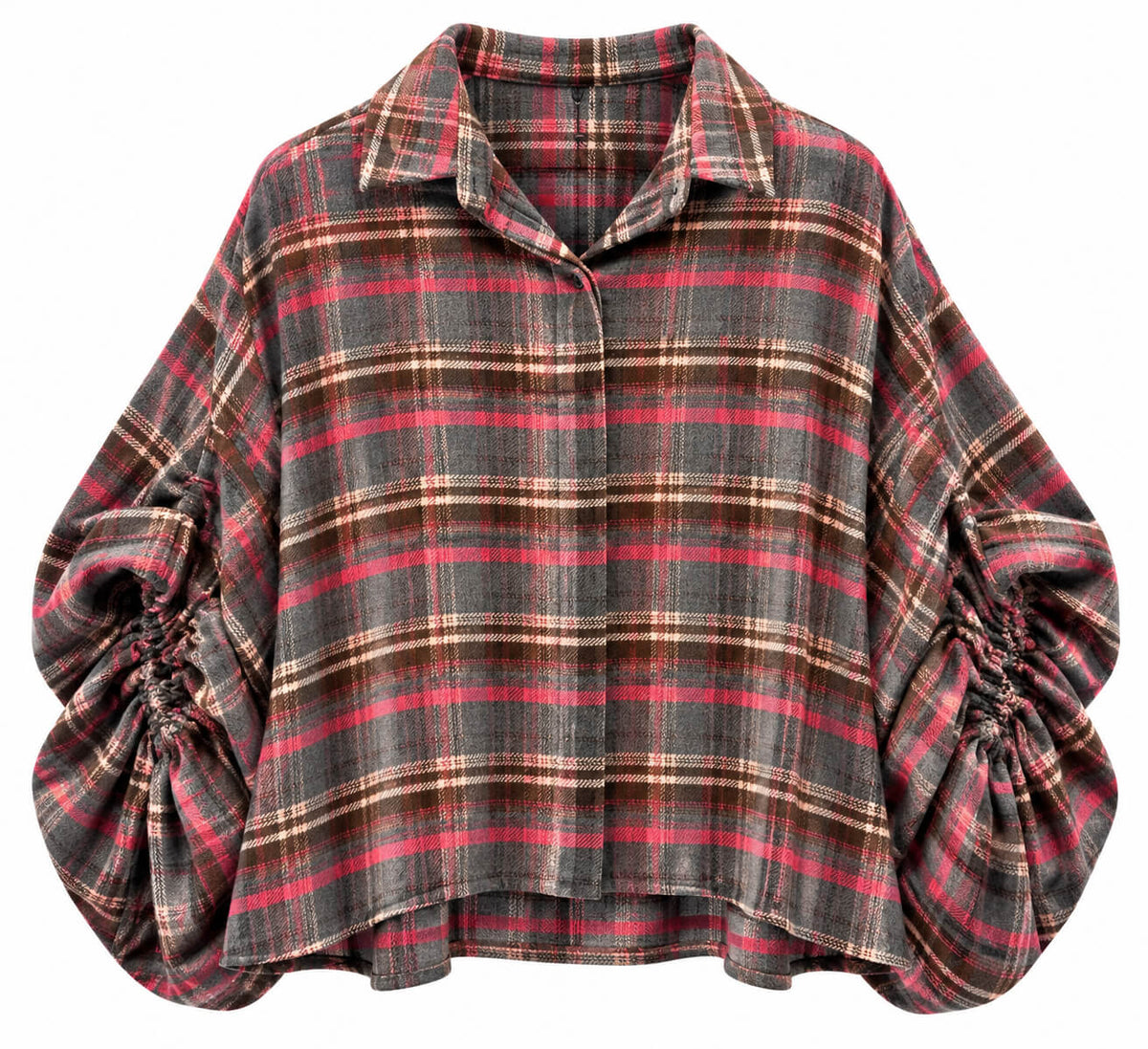 Jackson Plaid Bubble Sleeve Shirt | Charcoal/Pink Plaid