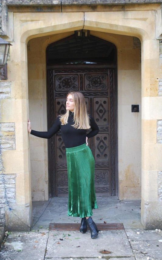 Jessica Satin Pleated Skirt | Emerald Green